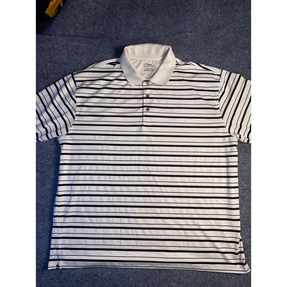 PGA TOUR Polo Shirt Men 2XL White Striped Golf Performance Slit Stretch Collared